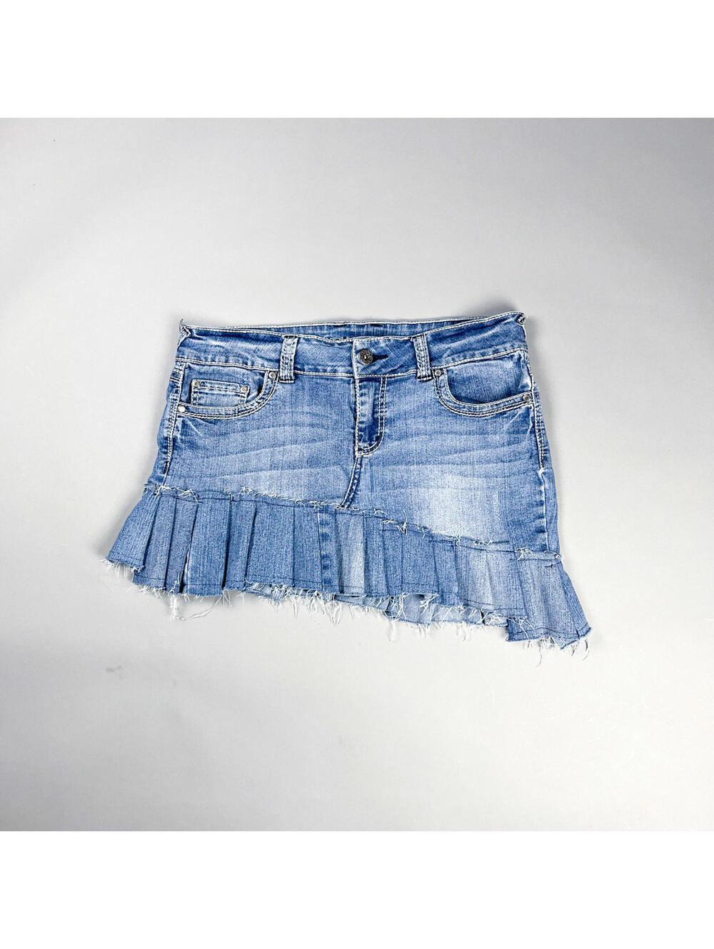 Asymmetric Pleated Denim Mini Skirt with Raw Hem, Reworked Low Rise Jeans